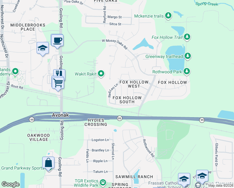 map of restaurants, bars, coffee shops, grocery stores, and more near 22830 Cabanna Road in Spring