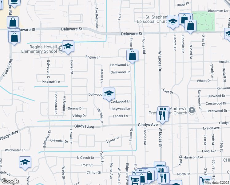 map of restaurants, bars, coffee shops, grocery stores, and more near 4730 Dellwood Lane in Beaumont