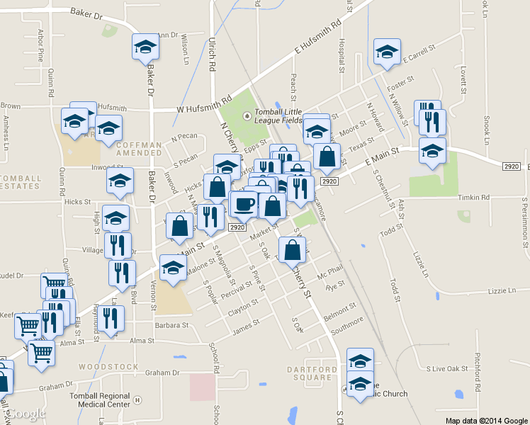 map of restaurants, bars, coffee shops, grocery stores, and more near 300-398 Farm to Market 2920 in Tomball