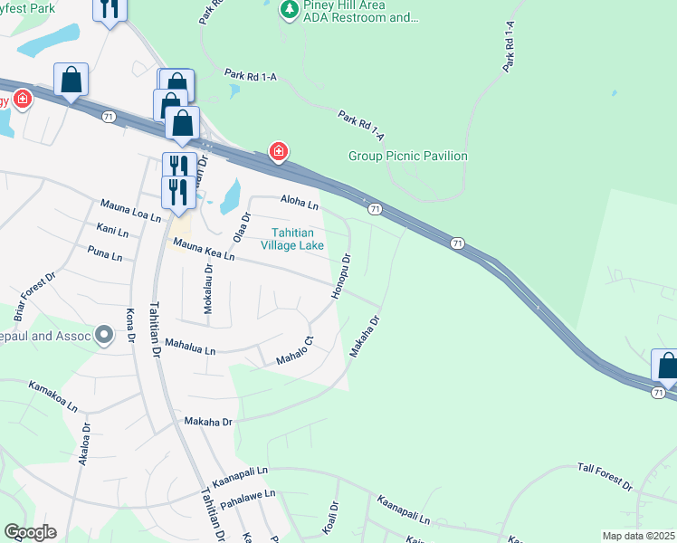 map of restaurants, bars, coffee shops, grocery stores, and more near 134 Honopu Drive in Bastrop