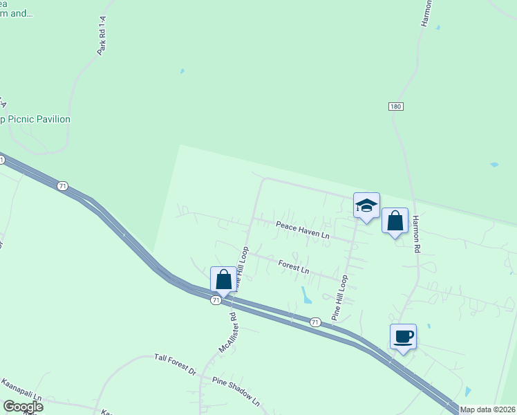 map of restaurants, bars, coffee shops, grocery stores, and more near 106 Peace Haven Lane in Bastrop