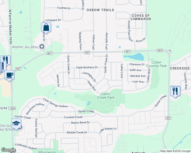 map of restaurants, bars, coffee shops, grocery stores, and more near 175 Calline Mayes Run in Buda