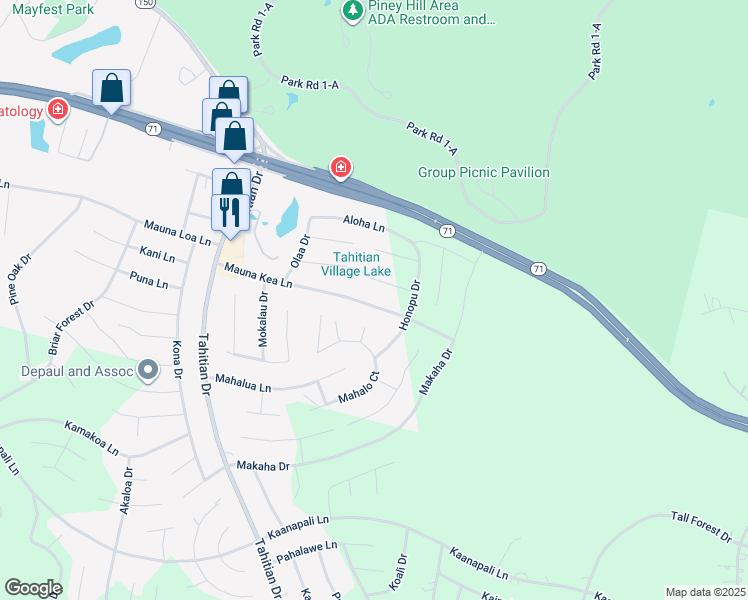 map of restaurants, bars, coffee shops, grocery stores, and more near 184 Mauna Kea Lane in Bastrop
