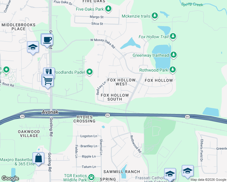 map of restaurants, bars, coffee shops, grocery stores, and more near 22910 Sugar Bear Drive in Spring