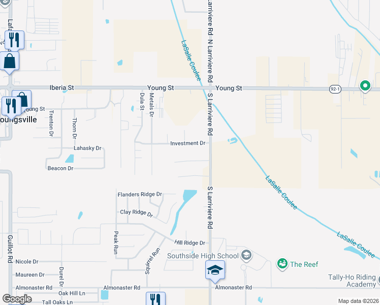 map of restaurants, bars, coffee shops, grocery stores, and more near 175-199 Investment Drive in Youngsville