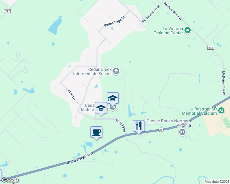 map of restaurants, bars, coffee shops, grocery stores, and more near 125 Voss Parkway in Cedar Creek