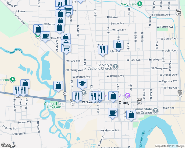 map of restaurants, bars, coffee shops, grocery stores, and more near 1301 West Cherry Avenue in Orange