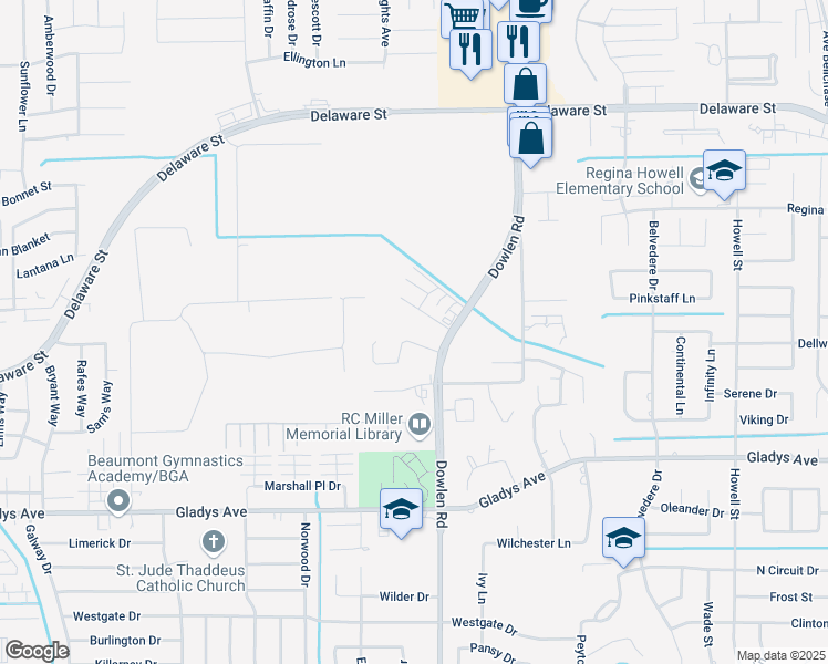 map of restaurants, bars, coffee shops, grocery stores, and more near 2045 Dowlen Road in Beaumont