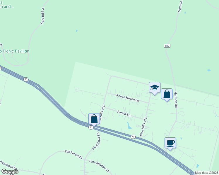 map of restaurants, bars, coffee shops, grocery stores, and more near 106 Peace Haven Lane in Bastrop
