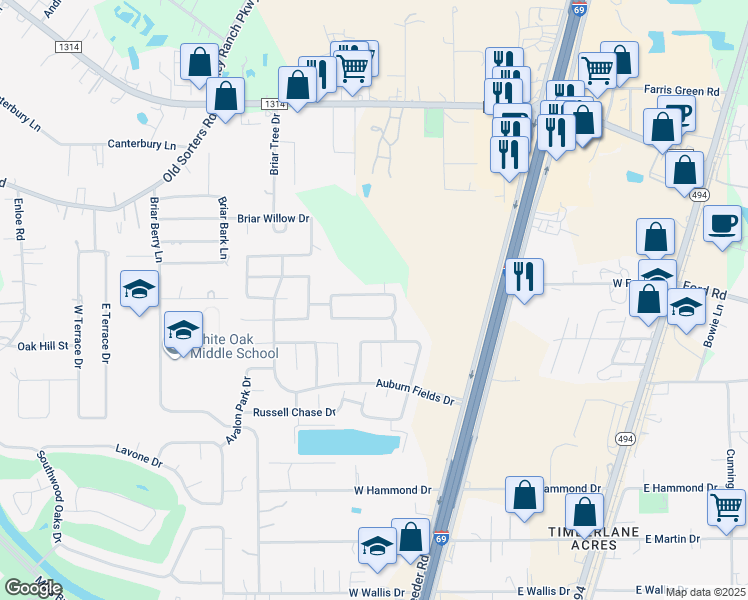 map of restaurants, bars, coffee shops, grocery stores, and more near 23150 Mestina Knoll Drive in Porter