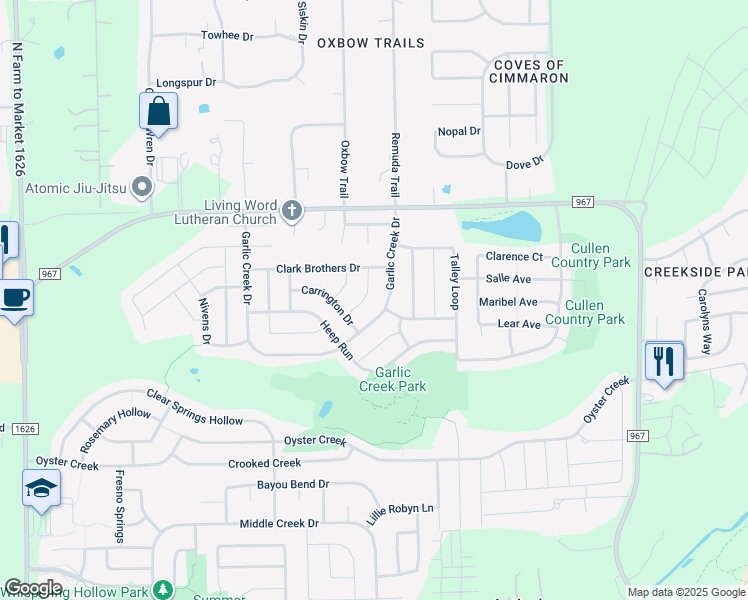 map of restaurants, bars, coffee shops, grocery stores, and more near 175 Calline Mayes Run in Buda