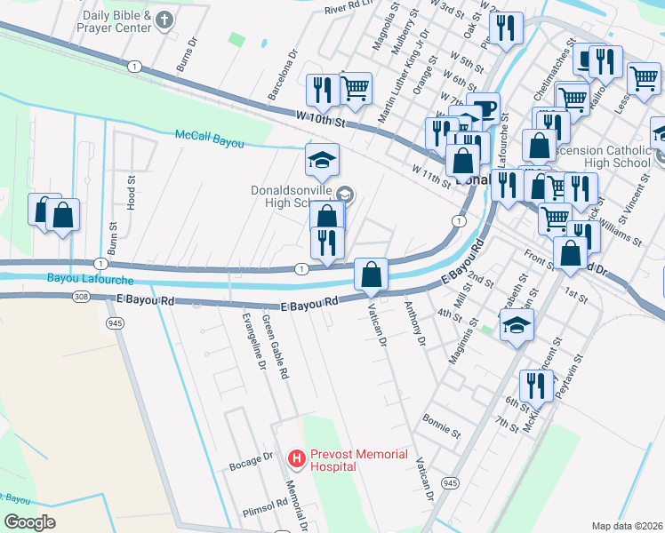 map of restaurants, bars, coffee shops, grocery stores, and more near 100 Tiger Drive in Donaldsonville