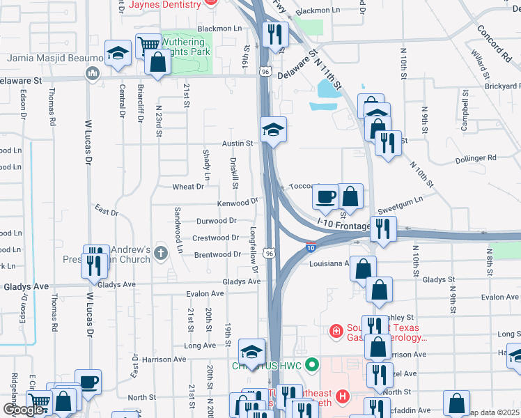 map of restaurants, bars, coffee shops, grocery stores, and more near 1470 Longfellow Drive in Beaumont