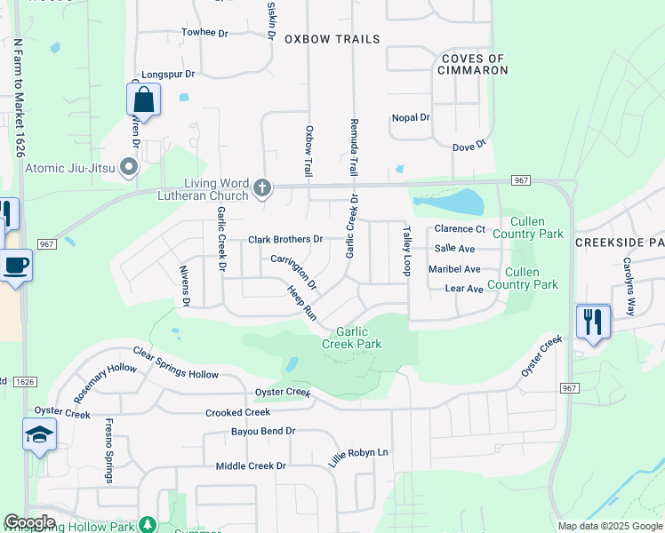 map of restaurants, bars, coffee shops, grocery stores, and more near 175 Calline Mayes Run in Buda