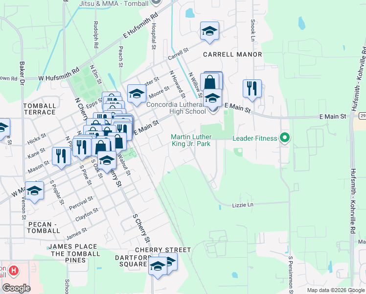 map of restaurants, bars, coffee shops, grocery stores, and more near 399 South Chestnut Drive in Tomball