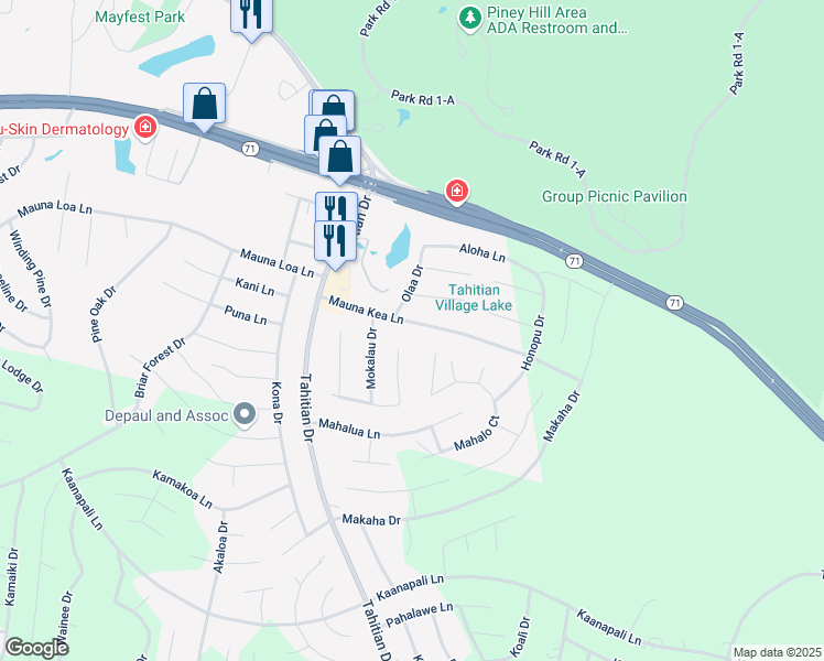 map of restaurants, bars, coffee shops, grocery stores, and more near 149 Mauna Kea Lane in Bastrop