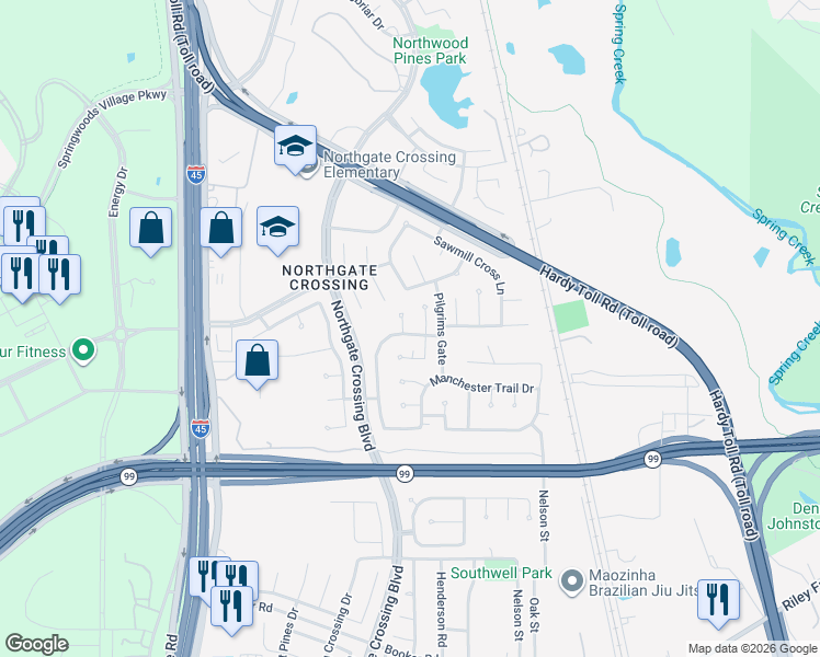 map of restaurants, bars, coffee shops, grocery stores, and more near 23102 Brandygate Court in Spring