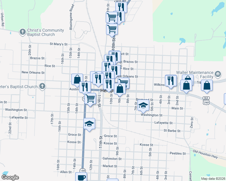 map of restaurants, bars, coffee shops, grocery stores, and more near in Hempstead
