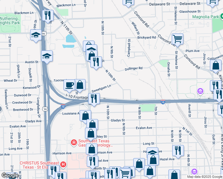 map of restaurants, bars, coffee shops, grocery stores, and more near 2555 Sweetgum Lane in Beaumont