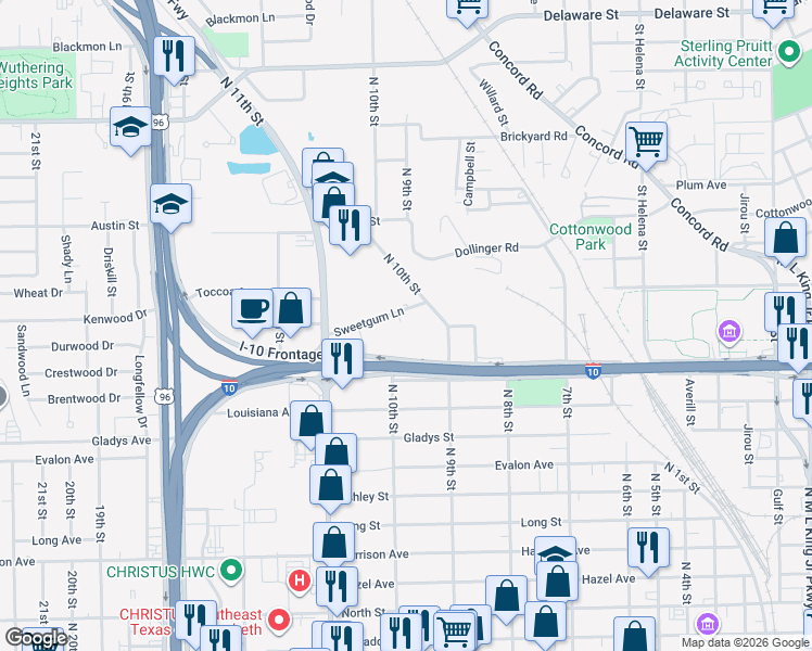 map of restaurants, bars, coffee shops, grocery stores, and more near 2555 Sweetgum Lane in Beaumont
