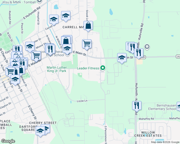 map of restaurants, bars, coffee shops, grocery stores, and more near 214 Blackshear Street in Tomball