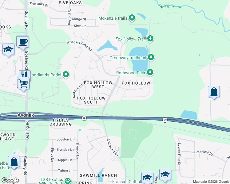 map of restaurants, bars, coffee shops, grocery stores, and more near 22915 Squirrel Tree Street in Spring