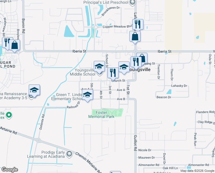 map of restaurants, bars, coffee shops, grocery stores, and more near 501 Church Street in Youngsville