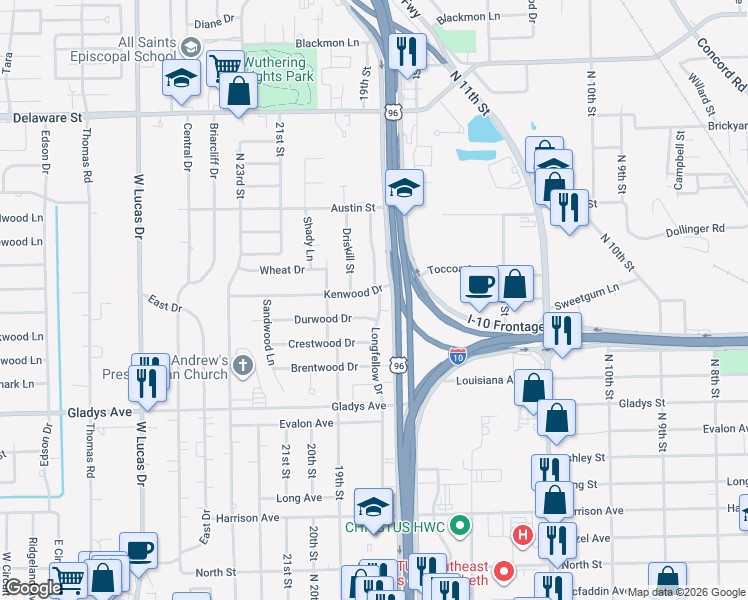 map of restaurants, bars, coffee shops, grocery stores, and more near 1470 Longfellow Drive in Beaumont