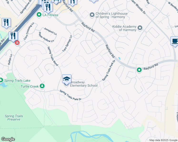 map of restaurants, bars, coffee shops, grocery stores, and more near 23714 Tristan Bay Court in Spring