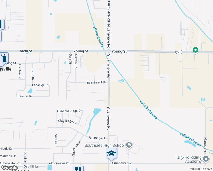 map of restaurants, bars, coffee shops, grocery stores, and more near 304 South Larriviere Road in Youngsville