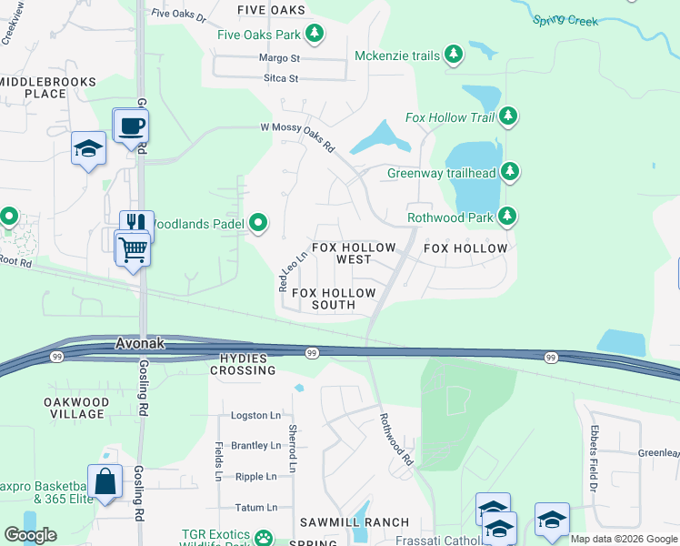 map of restaurants, bars, coffee shops, grocery stores, and more near 22910 Sugar Bear Drive in Spring