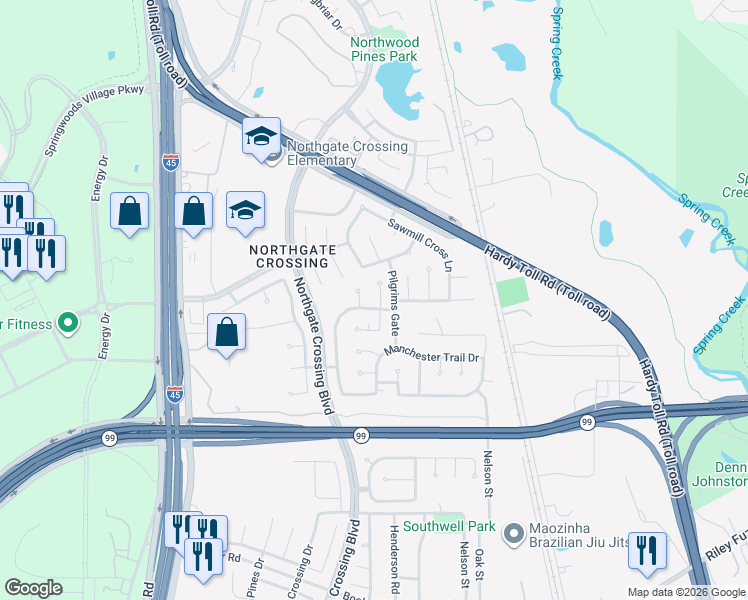map of restaurants, bars, coffee shops, grocery stores, and more near 23107 Burcan Court in Spring