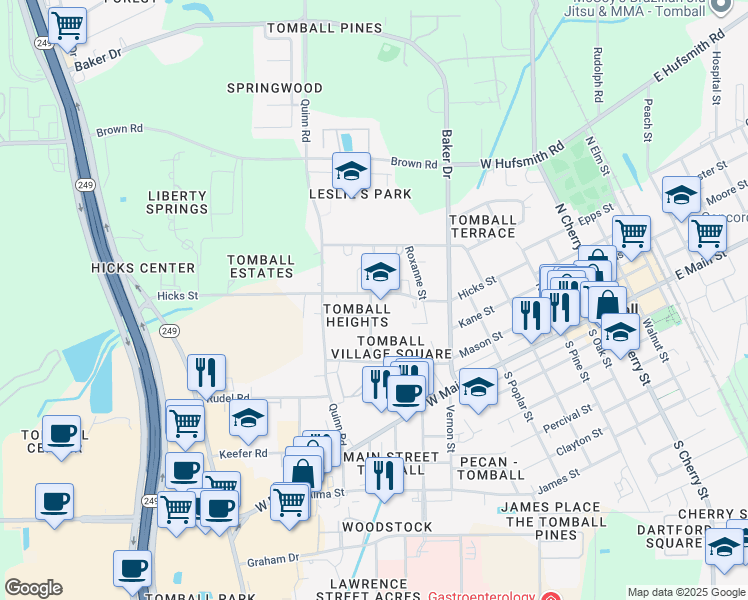 map of restaurants, bars, coffee shops, grocery stores, and more near 1001 Hicks Street in Tomball