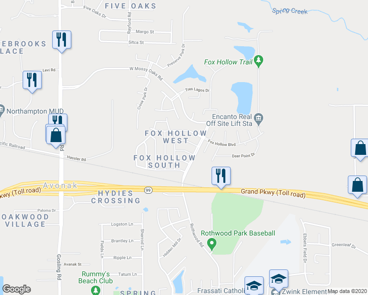 map of restaurants, bars, coffee shops, grocery stores, and more near 5006 Meadowfox Place in Spring