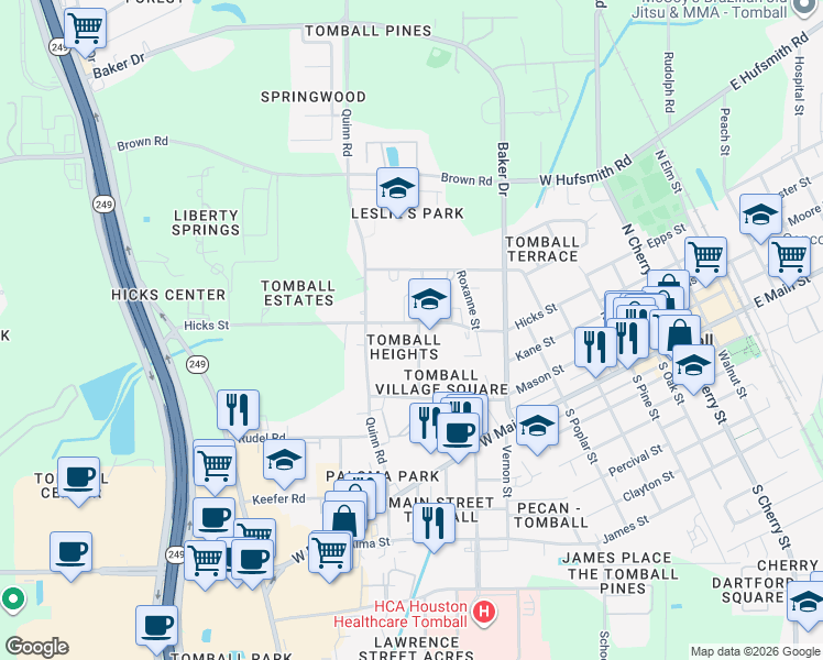 map of restaurants, bars, coffee shops, grocery stores, and more near 1009 Hicks Street in Tomball