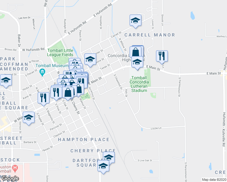 map of restaurants, bars, coffee shops, grocery stores, and more near 302 Mechanic Street in Tomball