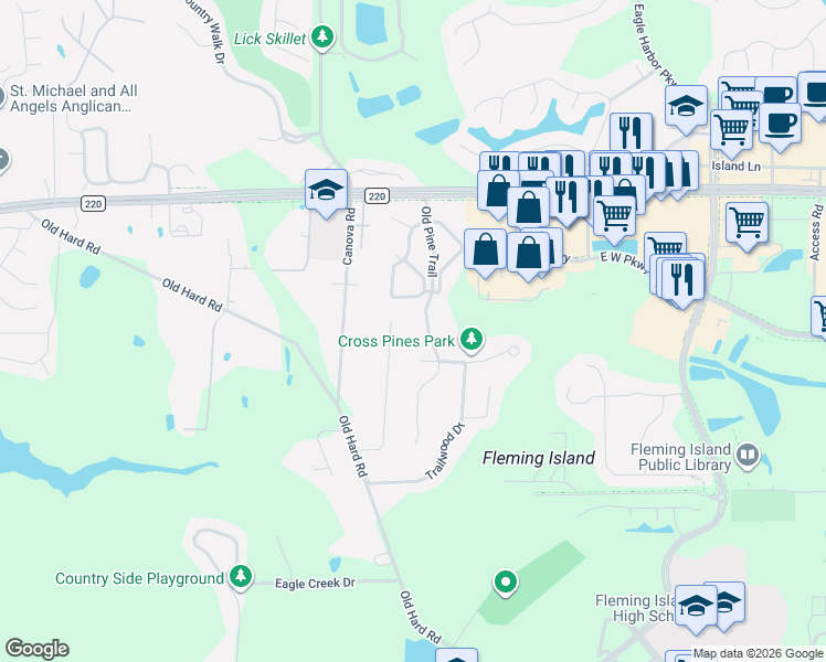 map of restaurants, bars, coffee shops, grocery stores, and more near 2159 Deer Run Lane in Orange Park
