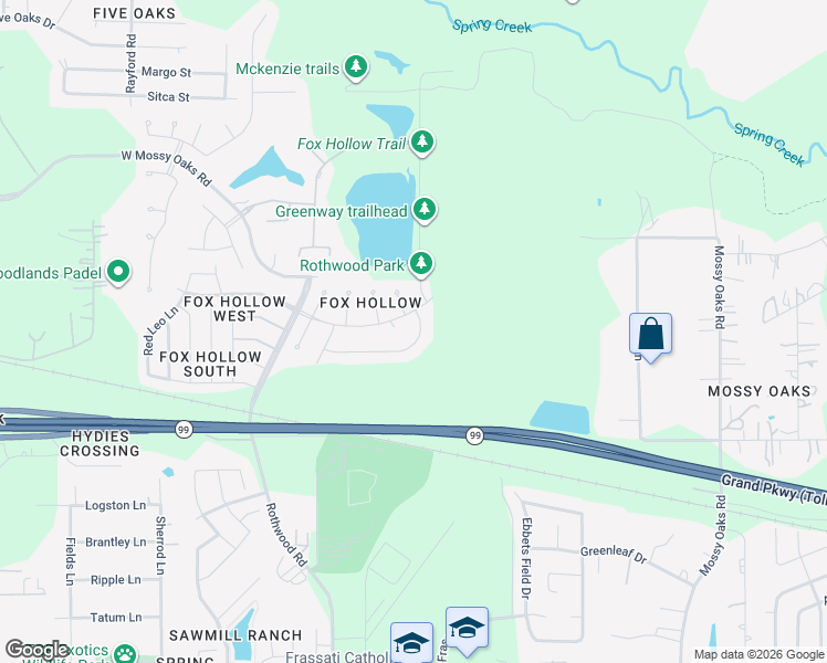 map of restaurants, bars, coffee shops, grocery stores, and more near 4618 Deer Point Drive in Spring
