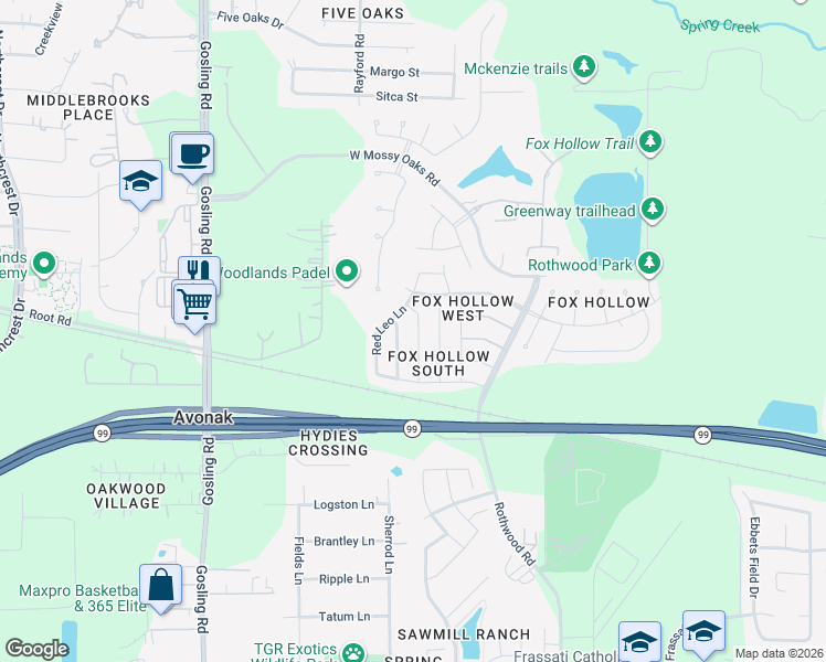 map of restaurants, bars, coffee shops, grocery stores, and more near 22906 Cabanna Road in Spring