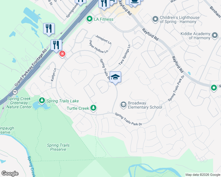 map of restaurants, bars, coffee shops, grocery stores, and more near 2118 Tessie Cove Lane in Spring