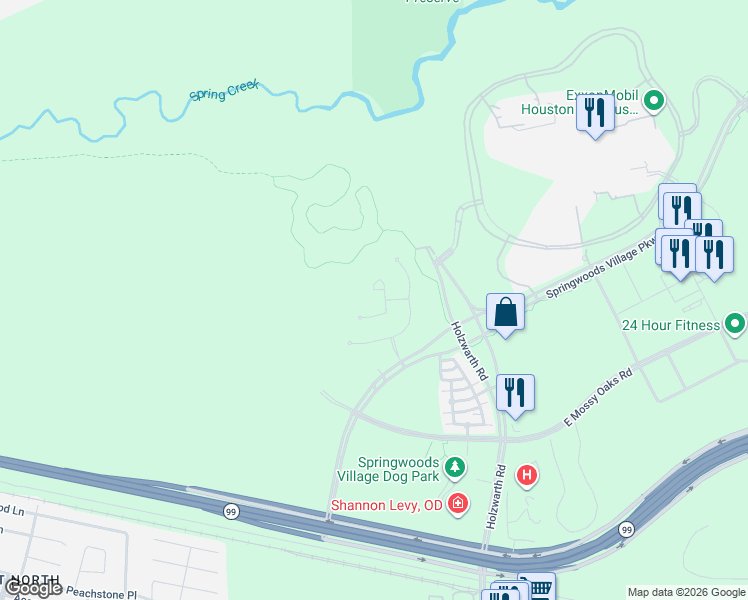 map of restaurants, bars, coffee shops, grocery stores, and more near 2607 Tree Swallow Bluff Path in Spring