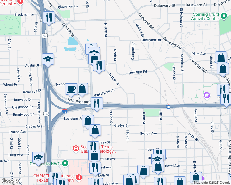 map of restaurants, bars, coffee shops, grocery stores, and more near 2523 Sweetgum Lane in Beaumont