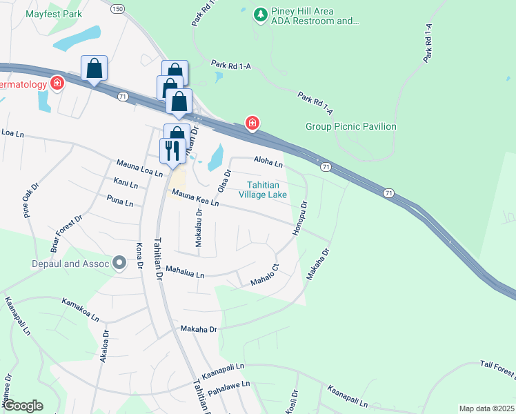 map of restaurants, bars, coffee shops, grocery stores, and more near 166 Mauna Kea Lane in Bastrop