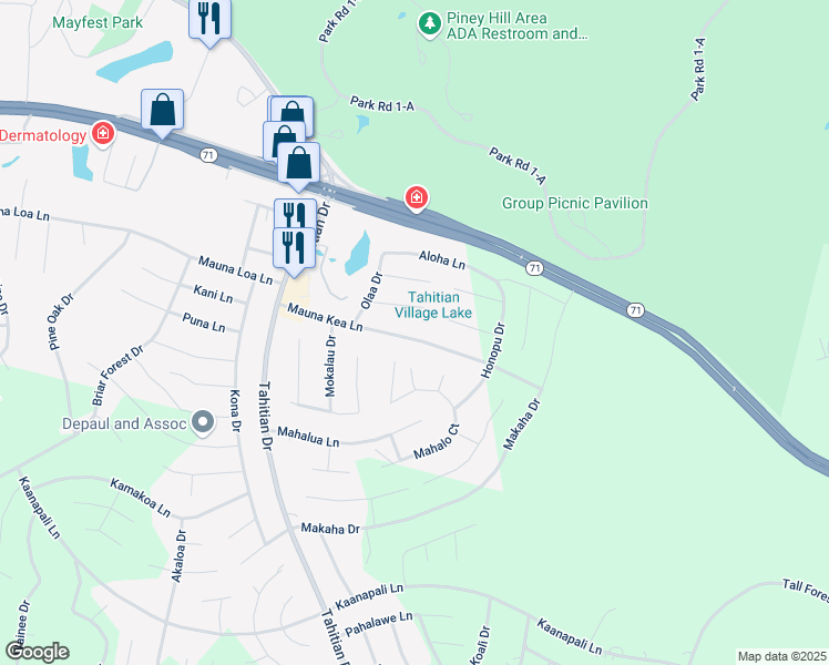 map of restaurants, bars, coffee shops, grocery stores, and more near 166 Mauna Kea Lane in Bastrop