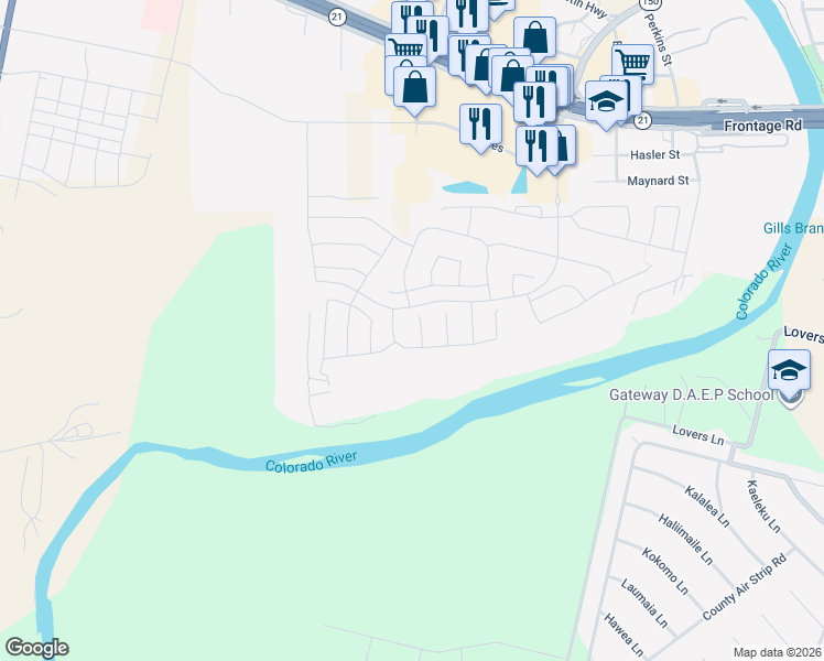 map of restaurants, bars, coffee shops, grocery stores, and more near 113 Watercourse Way in Bastrop