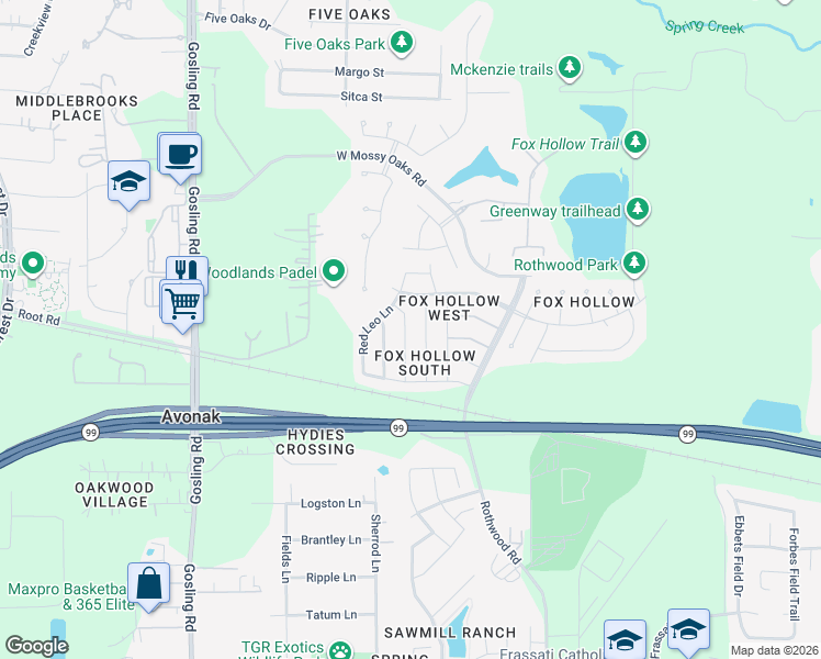 map of restaurants, bars, coffee shops, grocery stores, and more near 22910 Sherioaks Lane in Spring