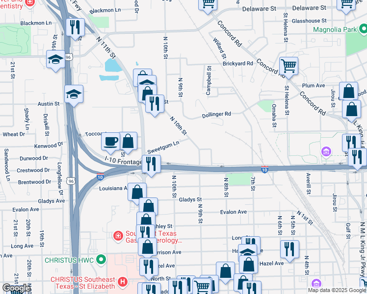 map of restaurants, bars, coffee shops, grocery stores, and more near 2523 Sweetgum Lane in Beaumont