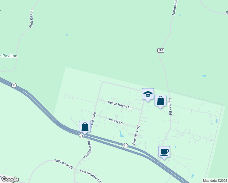 map of restaurants, bars, coffee shops, grocery stores, and more near 120 Peace Haven Lane in Bastrop