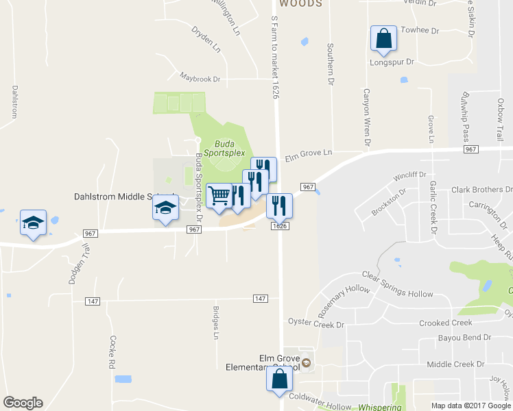 map of restaurants, bars, coffee shops, grocery stores, and more near 3200 Fm 967 in Buda