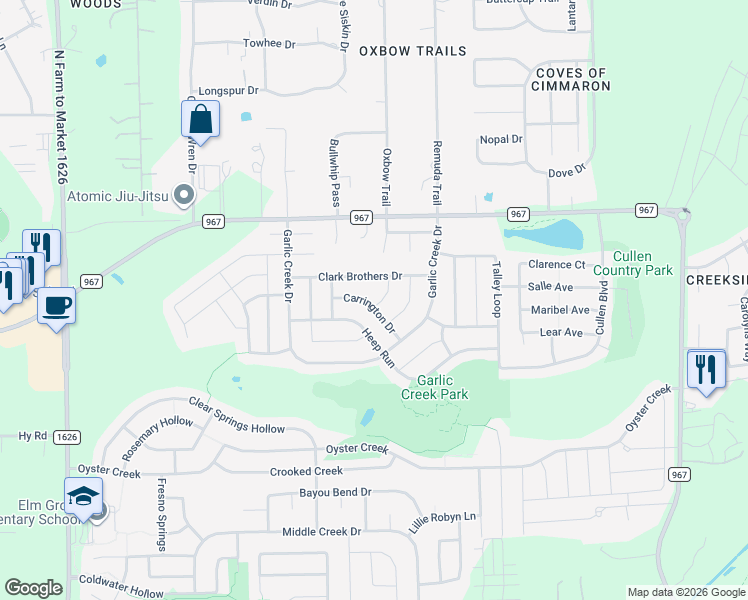 map of restaurants, bars, coffee shops, grocery stores, and more near 184 Birdwell Lane in Buda